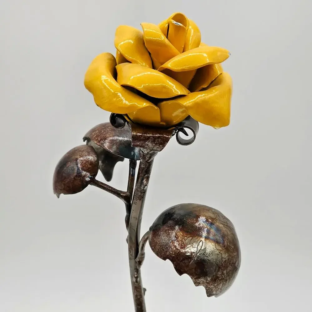 Signed Hand Forged Metal Rose Sculpture Yellow Heat Painted Blacksmith Art 2019